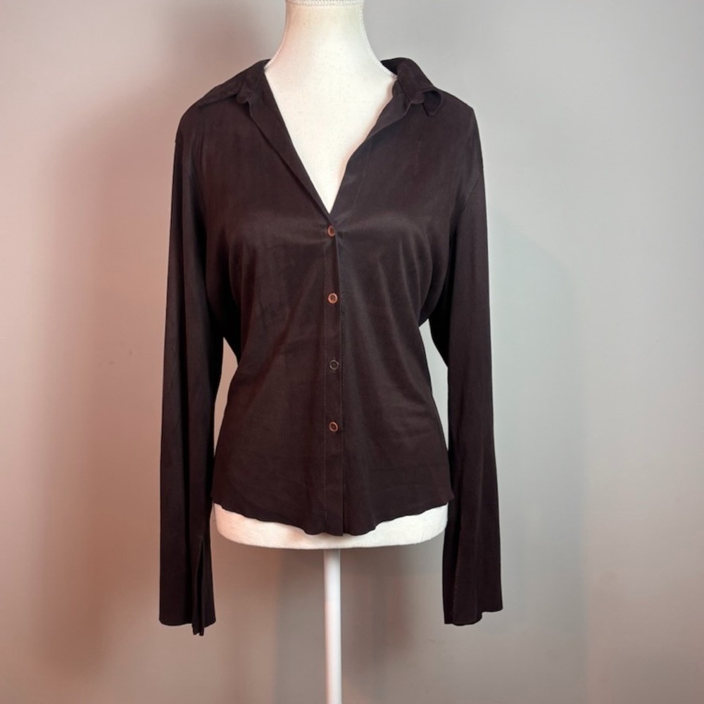 Maxstudio Womens Brown Suede Y2K Flared Sleeve button front shirt sz XL boho